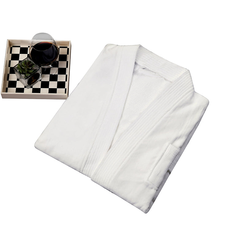380 gsm Long-Staple Cotton Velour Bathrobe – Lightweight Spa Softness, Shawl Collar, Quick-Dry Hang Loop, Custom Logo, One-Size-Fits-Most